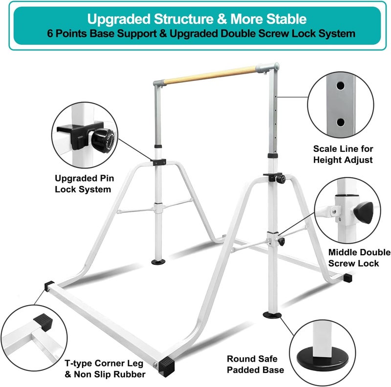 kechery Foldable & Moveable Gymnastics Horizontal Bar with Rings,3’to 5’Adjustable Height Expandable Junior Kip Bar for Home,Indoor Gym Equipment for Kids - Image 5